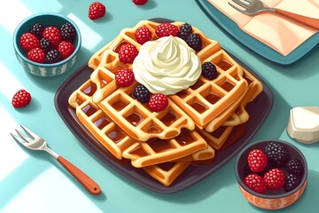 Canvas Print - Waffles, berries, cream, breakfast, table, sunlight, food blog