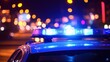 © huiying - Blue Light Flasher on Police Car Top, City Lights in Background, Nighttime Cityscape
