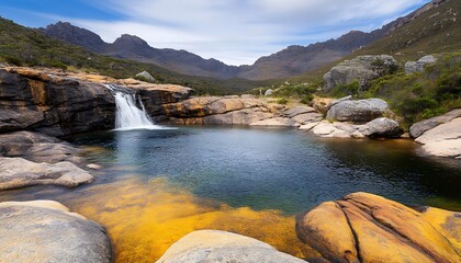 Poster - Waterfall cascades into mountain pool, Tasmania