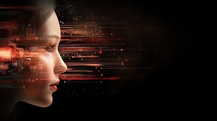 Poster - Digital transformation portrait woman futuristic setting graphic art dark environment profile view technology concept