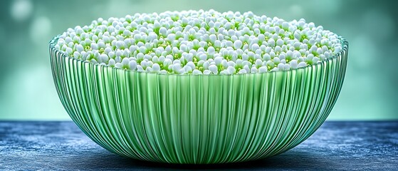 Wall Mural - White beads in green bowl, bokeh background, food styling