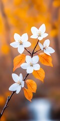 Poster - White blossoms, autumn leaves, stream backdrop