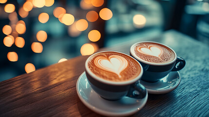 Two cups of coffee with heart latte art on a wooden table in a cozy cafe atmosphere.