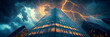 © Syukra - A lightning storm over a glass skyscraper, reflecting the bright flashes.