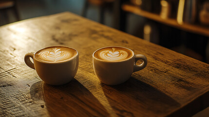 Wall Mural - Two steaming cups of coffee latte on a wooden table in a cozy cafe setting.