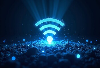 Poster - Wireless Network Vector: Glowing Blue Symbol, Radiant Light, Dark Background & Modern Technology Design Art

