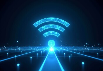 Poster - Blue Glowing Wireless Symbol: Radiant Light, Dark Background, Vector Illustration & Modern Technology Graphic

