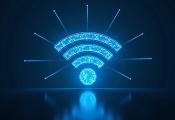 Poster - Radiant Blue Wireless Vector: Glowing Network Symbol, Dark Background, Technology & Modern Design Illustration

