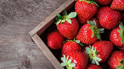 Wall Mural - Fresh strawberries in wooden crate, rustic wood background. Food recipe or packaging design