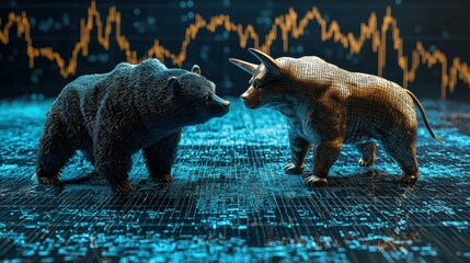 Poster - 3D Rendered Bull and Bear Figures Facing Each Other in Dynamic Market Setting