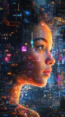 Poster - Vibrant Visual Representation of a Futuristic Urban Landscape and Human Connection