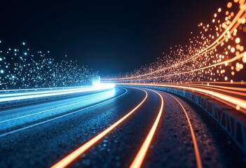 Poster - Curved Tech Road Vector: Blue, White, Orange Light Trails, Dark Background & Modern Technology Illustration Design


