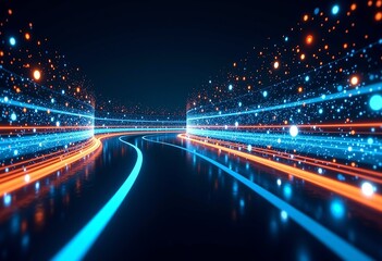 Poster - Vector Road with Light Streaks: Blue, White, Orange, Dark Background & Technology Theme for Modern Graphics

