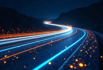 Poster - Technology Road Vector: Curved Path with Blue, White, Orange Light Streaks, Dark Background & Modern Design

