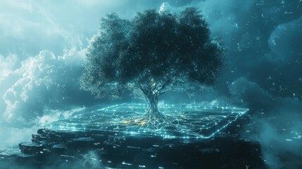 Poster - Futuristic Glowing Tree on Digital Map in Ethereal Environment