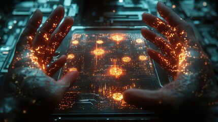 Poster - hands interacting with quantum computing technology and data visualization
