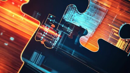 Poster - Digital puzzle animation: technology connections and integration in futuristic interface