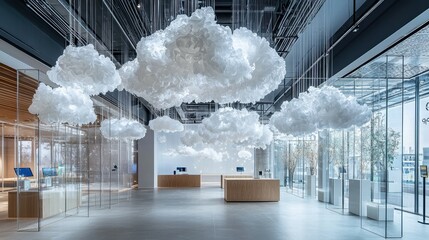 Poster - Modern Workspace with Cloud Decor and Open Collaboration Areas