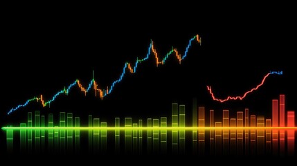 Poster - A neon financial stock market chart with fluctuating lines, set against a dark abstract background with copy space.