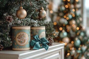 Wall Mural - Close-up of white wooden cabinet with vintage cans in green and beige, decorated Christmas tree with festive ornaments, and blue bow, softly lit.