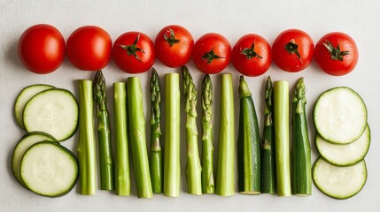 Wall Mural - Fresh vegetables display with tomatoes, asparagus, and zucchini slices on white background