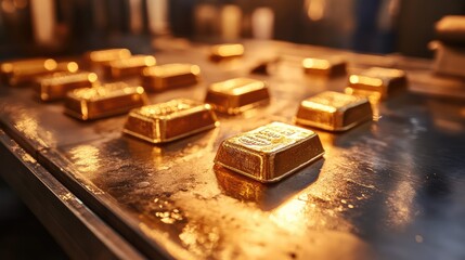 Poster - A series of freshly minted gold bars resting on a polished metal workbench, reflecting industrial surroundings.