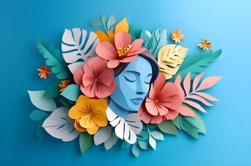 Wall Mural - paper collage with a girl's face and flowers. A photograph symbolizing the celebration of Women's Day.	