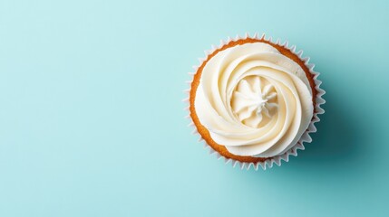 Poster - A single cupcake with elegant swirls of frosting, placed in the center of a minimal pastel background with copy space.