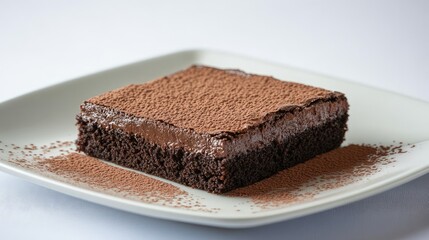 Poster - A square chocolate brownie cake with a dusting of cocoa powder, placed on a clean white plate with copy space.