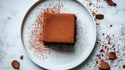Poster - A square chocolate brownie cake with a dusting of cocoa powder, placed on a clean white plate with copy space.
