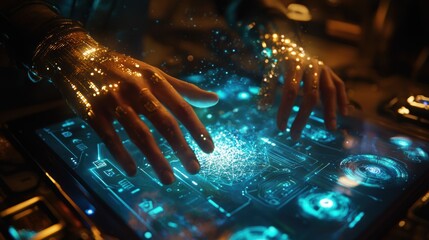 Poster - hands interacting with futuristic quantum computing interface technology