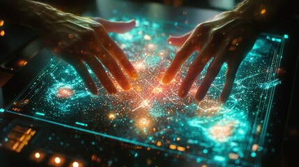 Poster - Hands Interacting with Quantum Compute Technology Displaying Data Visualizations