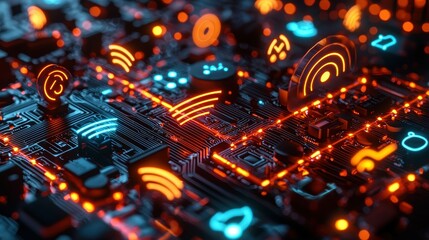 Poster - Intricate Circuit Board with Connected Devices and Wireless Signals