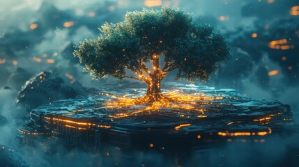 Poster - Futuristic Tree on Glowing Chart Overlooking a Mystical Landscape