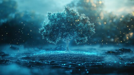 Poster - Futuristic Glowing Tree on Digital Map with Sparkling Background