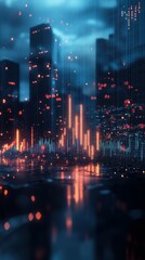 Poster - 3D Rendered Candlestick Chart with Cityscape Background at Dusk