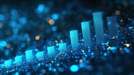 Poster - Glowing 3D Bar Chart Rising Against a Shimmering Blue Background
