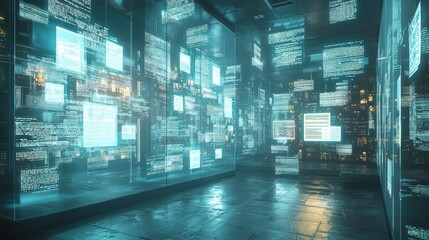 Poster - Futuristic Archive Room with Floating Digital Displays and Data Streams