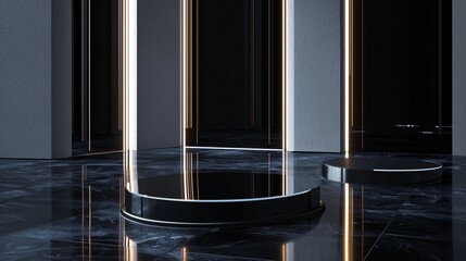 Poster - Glossy Black 3D Podium with High-Tech Elements in Empty Space
