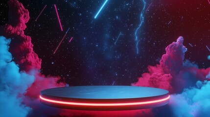Poster - Futuristic 3D Podium Surrounded by Neon Clouds and Cosmic Elements