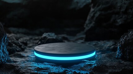 Aufkleber - futuristic levitating podium with glowing blue light in 3d space