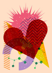 Poster - Risograph Broken Heart with geometric shapes. Objects in trendy riso graph print texture style design with geometry elements.