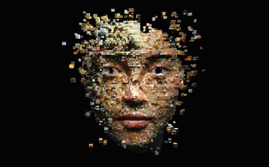 Aufkleber - A vibrant digital art portrayal of a human face constructed from golden and metallic cubes, symbolizing artificial intelligence and data integration. Ideal for technology, AI, and creative design