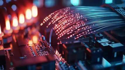 Poster - Glowing fiber optic cables transmitting data in a dynamic tech environment