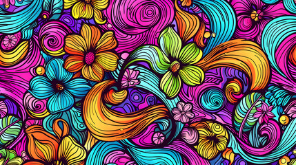 Poster - Vibrant floral pattern with swirling colors, showcasing a lively artistic design ideal for backgrounds