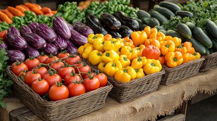 Wall Mural - Vibrant fresh vegetables at farmers market with tomatoes, peppers, eggplants, and zucchinis