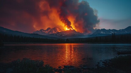 Wall Mural - Dramatic mountain wildfire at sunset reflecting on calm lake