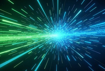 Poster - Forward Movement of Technology: Blue & Green Background with Light Streaks & Dynamic Explosion Effect for Data Transfer


