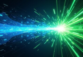 Poster - Abstract Data Transfer Speed: Vibrant Blue & Green Background with Light Streaks and Dynamic Explosion Effect in Digital Art

