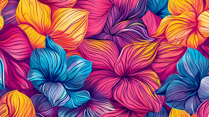 Poster - Vibrant floral pattern featuring colorful leaves in shades of pink, blue, and orange, ideal for backgrounds